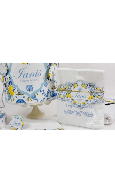 Trusou botez mediteranean inspiratie italia Capri Sorrento cu lamai si faianta alb cu albastru Italian Boy 17